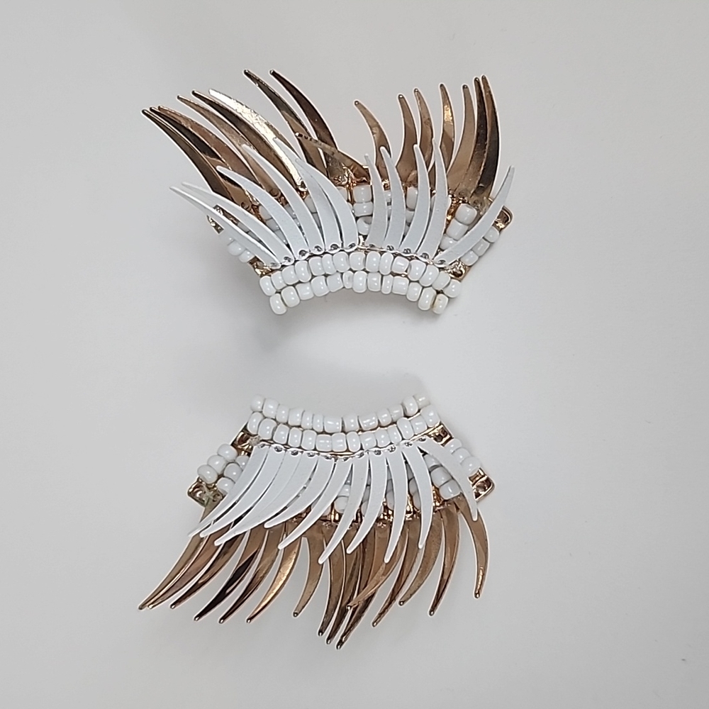 White/Gold Beaded Feather Fan Earrings